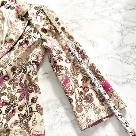 Lafayette 148 New York Tan Gold Metallic Pink Floral Short Blazer Women’s Size 6 - Picture 14 of 14